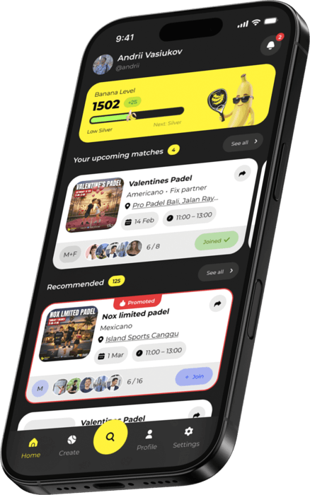 Banana Padel tournament management app showing live scoreboard on a mobile device